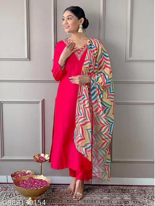 Elegant Red Straight Suit with Contrast Printed Dupatta