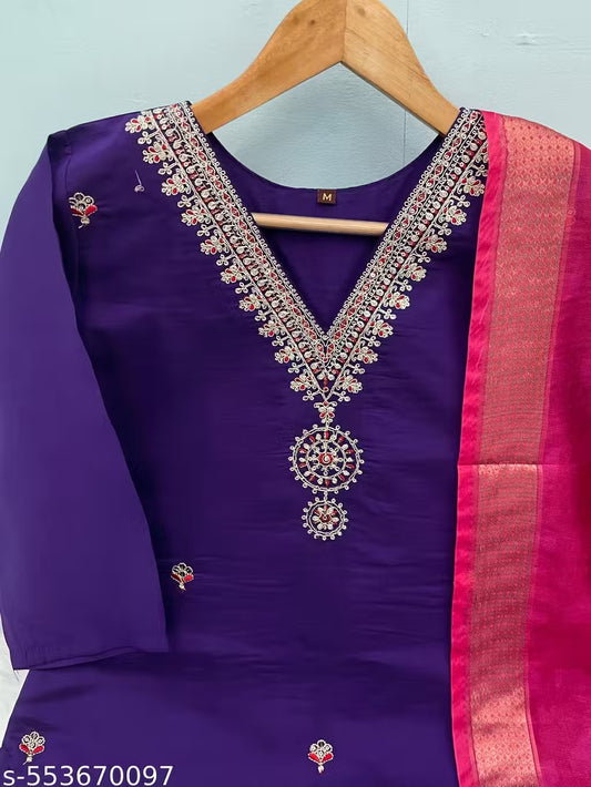 Royal Purple Embroidered Suit Set with Designer Printed Dupatta