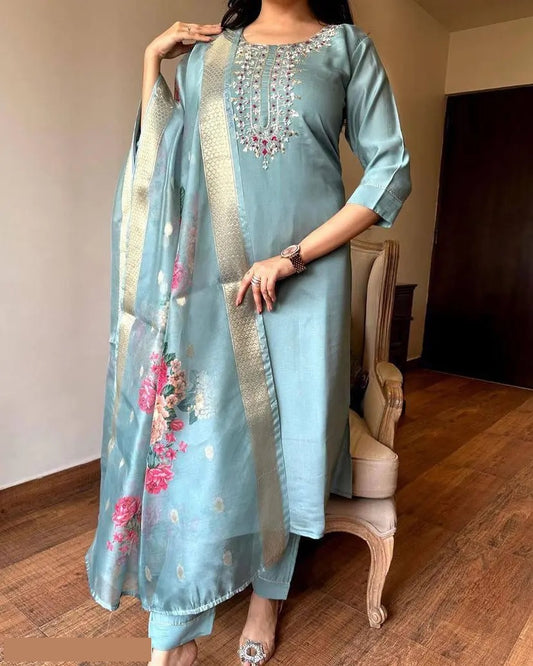 Women’s Festive Ethnic Set with Embellished Neck & Organza Dupatta