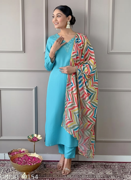Women’s Ethnic Kurti Pant Set with Embroidered Neckline – Light Turquoise