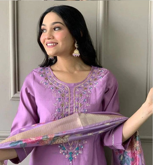Elegant Partywear Suit Set with Printed Dupatta – Light Purple