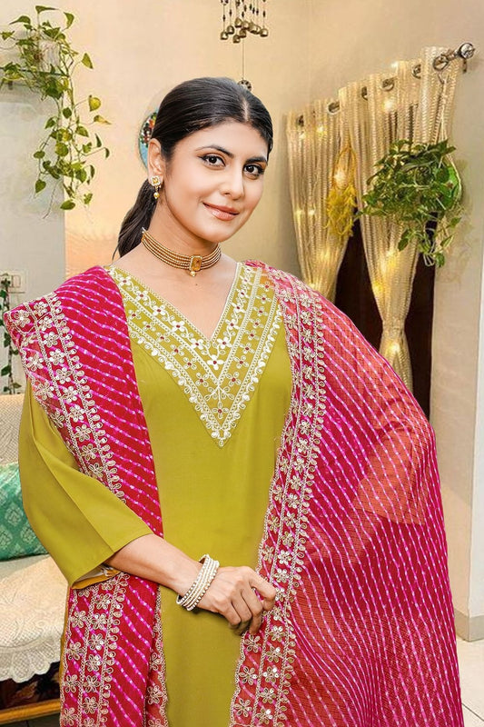 Designer Kurta Pant Set with Sequin Work & Pink Bandhani Dupatta