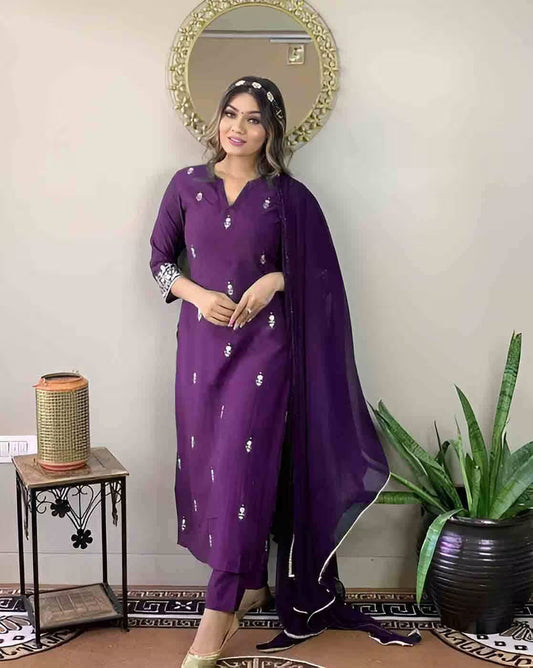 Deep Purple Embroidered Kurta Set with Mirror Work Detailing