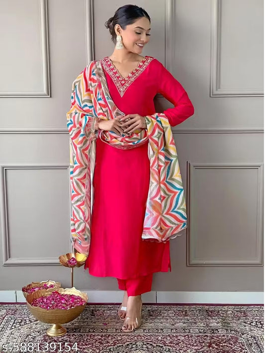 Elegant Red Straight Suit with Contrast Printed Dupatta