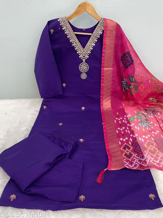 Royal Purple Embroidered Suit Set with Designer Printed Dupatta