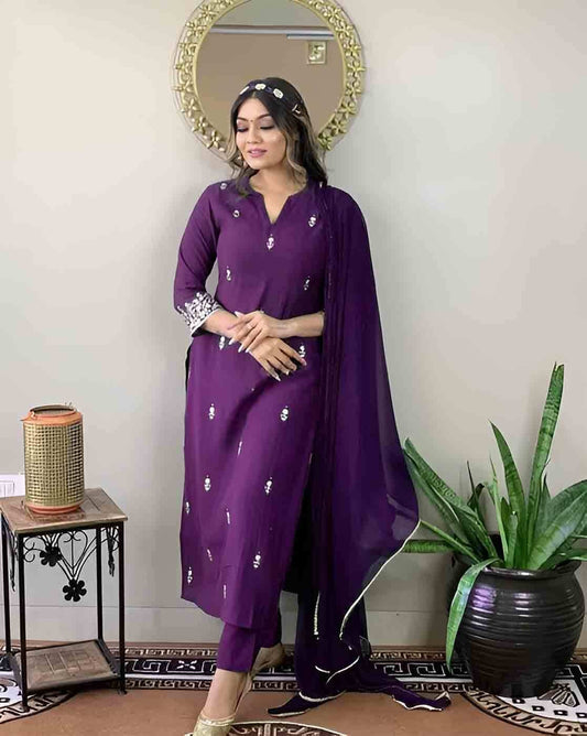 Deep Purple Embroidered Kurta Set with Mirror Work Detailing