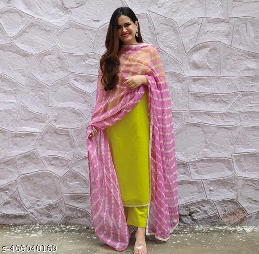 Lime Green Kurti Pant Set with Pink Printed Dupatta