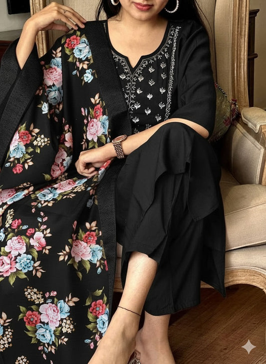 Elegant Black Kurta Pant Set with Contrast Floral Dupatta
