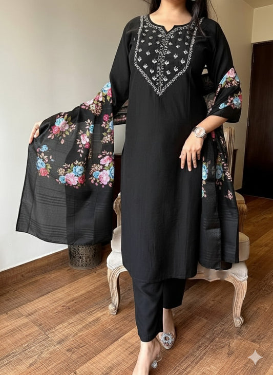 Elegant Black Kurta Pant Set with Contrast Floral Dupatta
