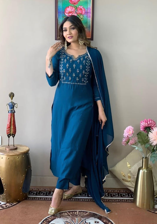 Elegant Teal Georgette Kurti & Pant Set with Mirror Work