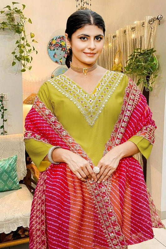 Designer Kurta Pant Set with Sequin Work & Pink Bandhani Dupatta