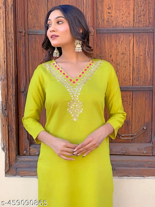 Lime Green Embroidered Kurta Set with Multicolor Abstract Dupatta