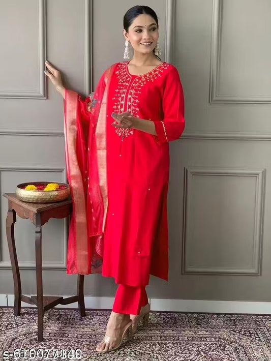Women’s Elegant Red Ethnic Set with Organza Floral Dupatta
