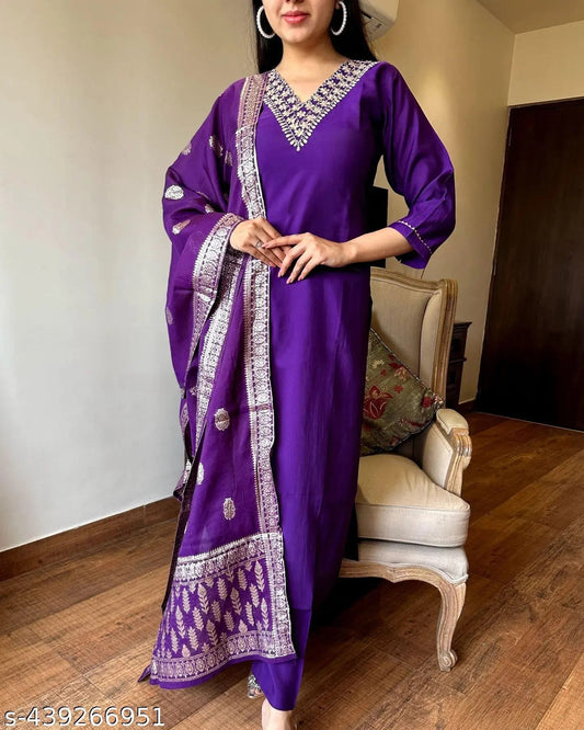 Elegant Violet Embroidered Kurta Set with Zari Woven Dupatta
