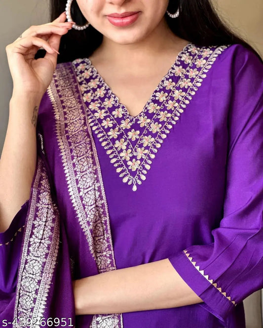 Elegant Violet Embroidered Kurta Set with Zari Woven Dupatta