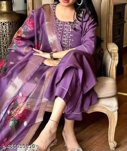 Premium Partywear Straight Suit Set – Dark Purple