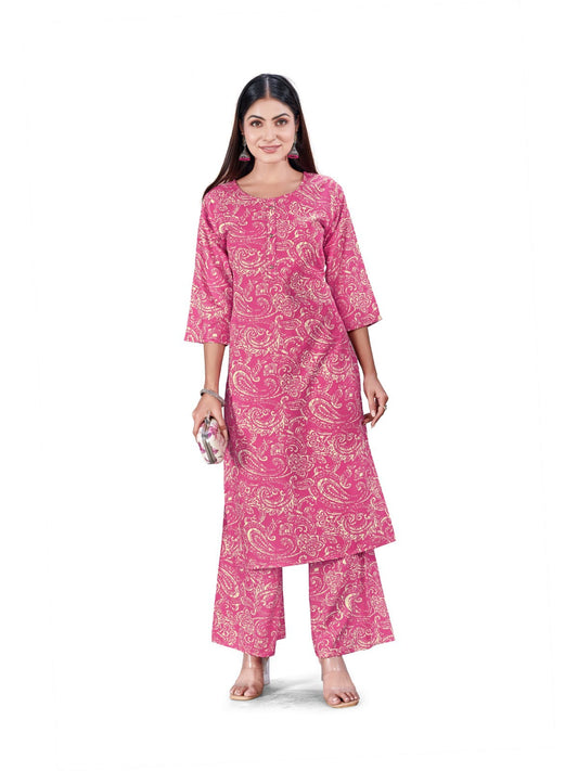 Pink Reyon Printed Kurta with Palazzo Set for Women