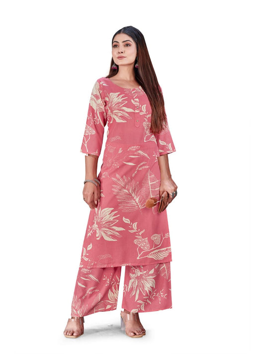 Floral Print Rayon Kurta Set with Palazzo – Pink